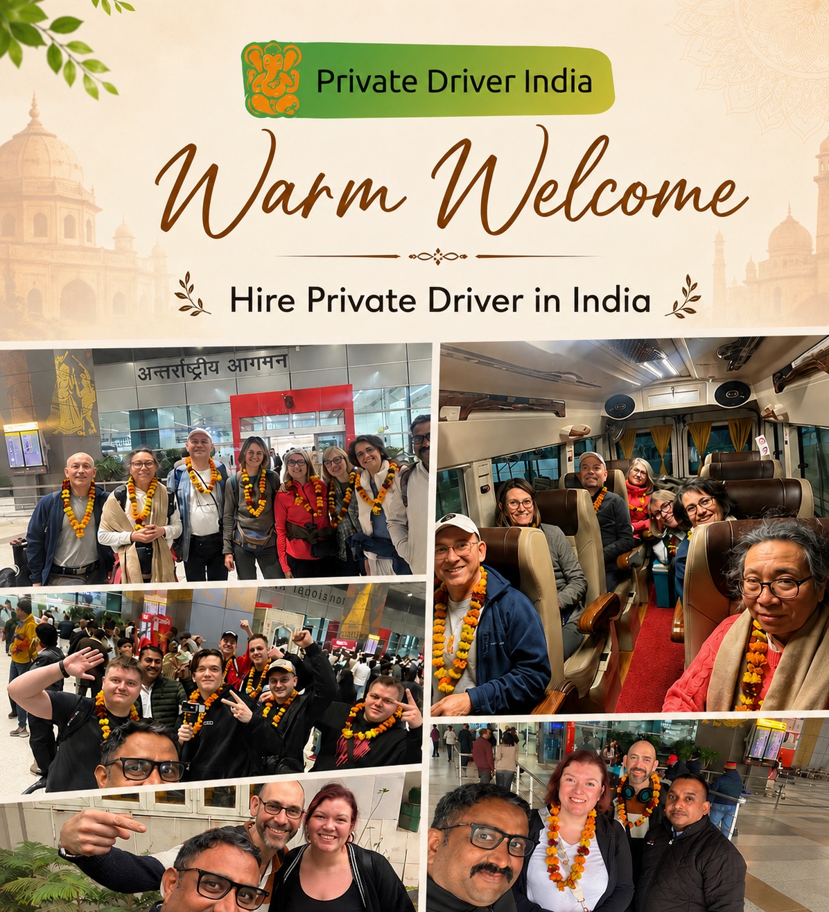 Hire private driver in India — warm welcome with traditional garlands at Delhi airport for international travellers