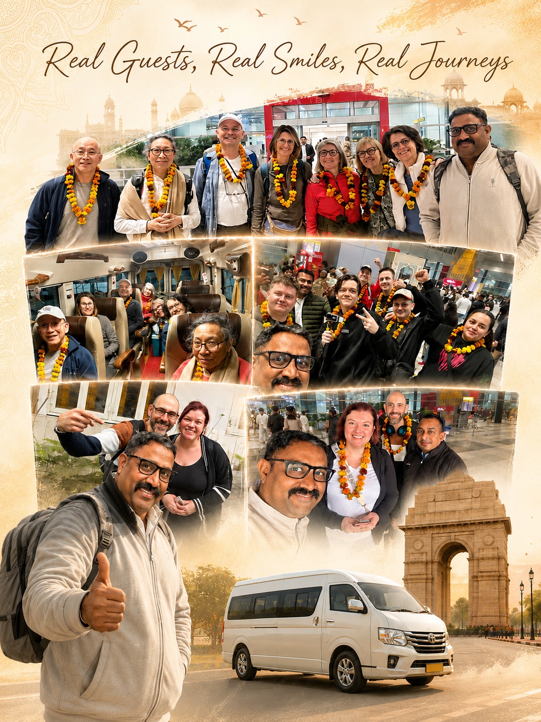 Real guests, real smiles, real journeys — private driver in India with comfortable group travel and Delhi India Gate