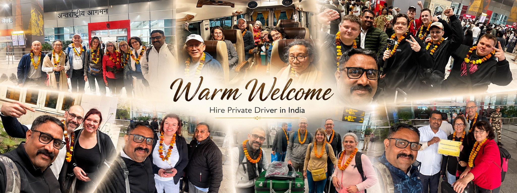 Hire private driver in India — warm welcome with traditional garlands at Delhi airport, personalised meet-and-greet for international travellers